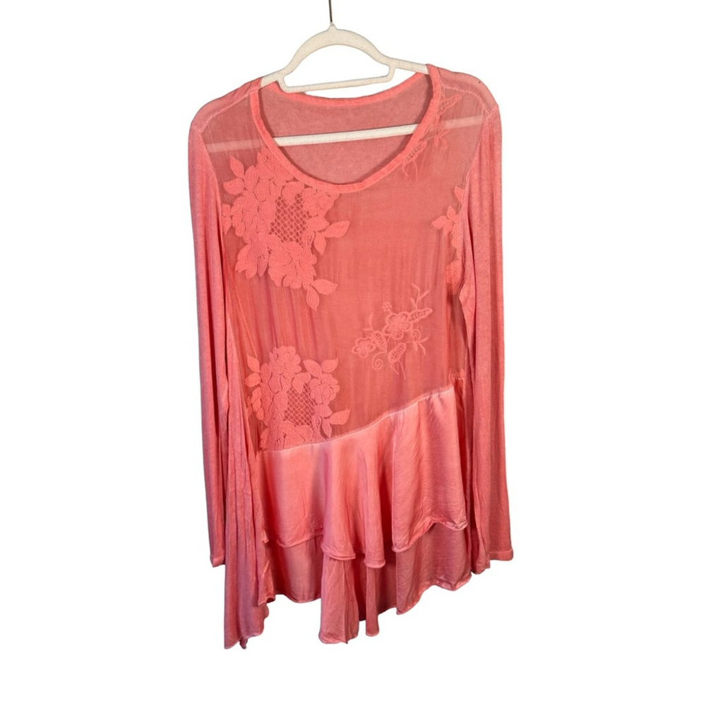 Boho Cottagecore Coral Floral Lace Tunic With Tank Size XS S Stretch Sheer - Picture 14 of 16